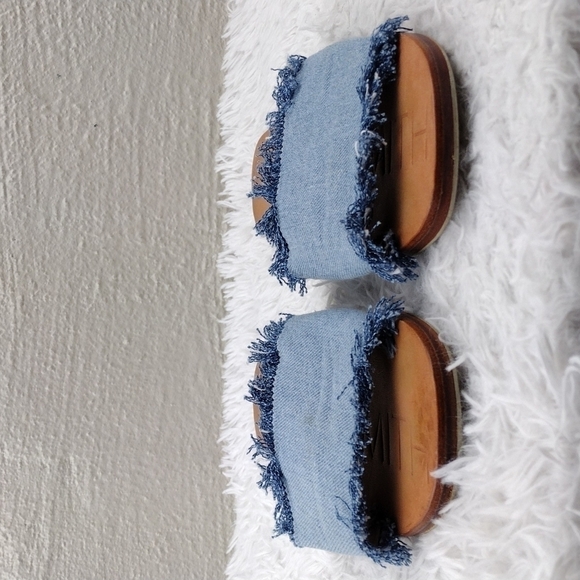 James Smith Blue Leather Fray Denim Fabric Upper Open Toe Slide Flat Sandal Shoe - Picture 3 of 15